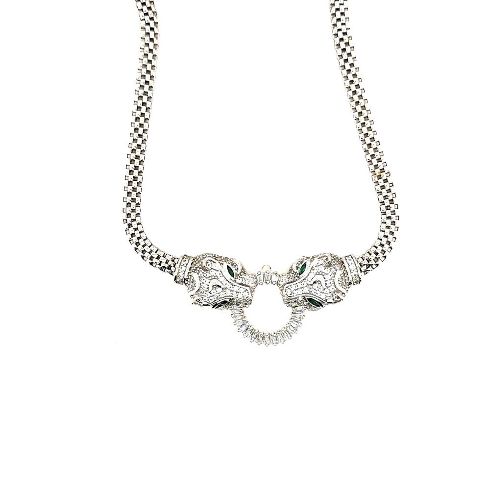 925 Sterling Silver Double Panther Head Necklace Green Eye Crystal Popcorn Chain